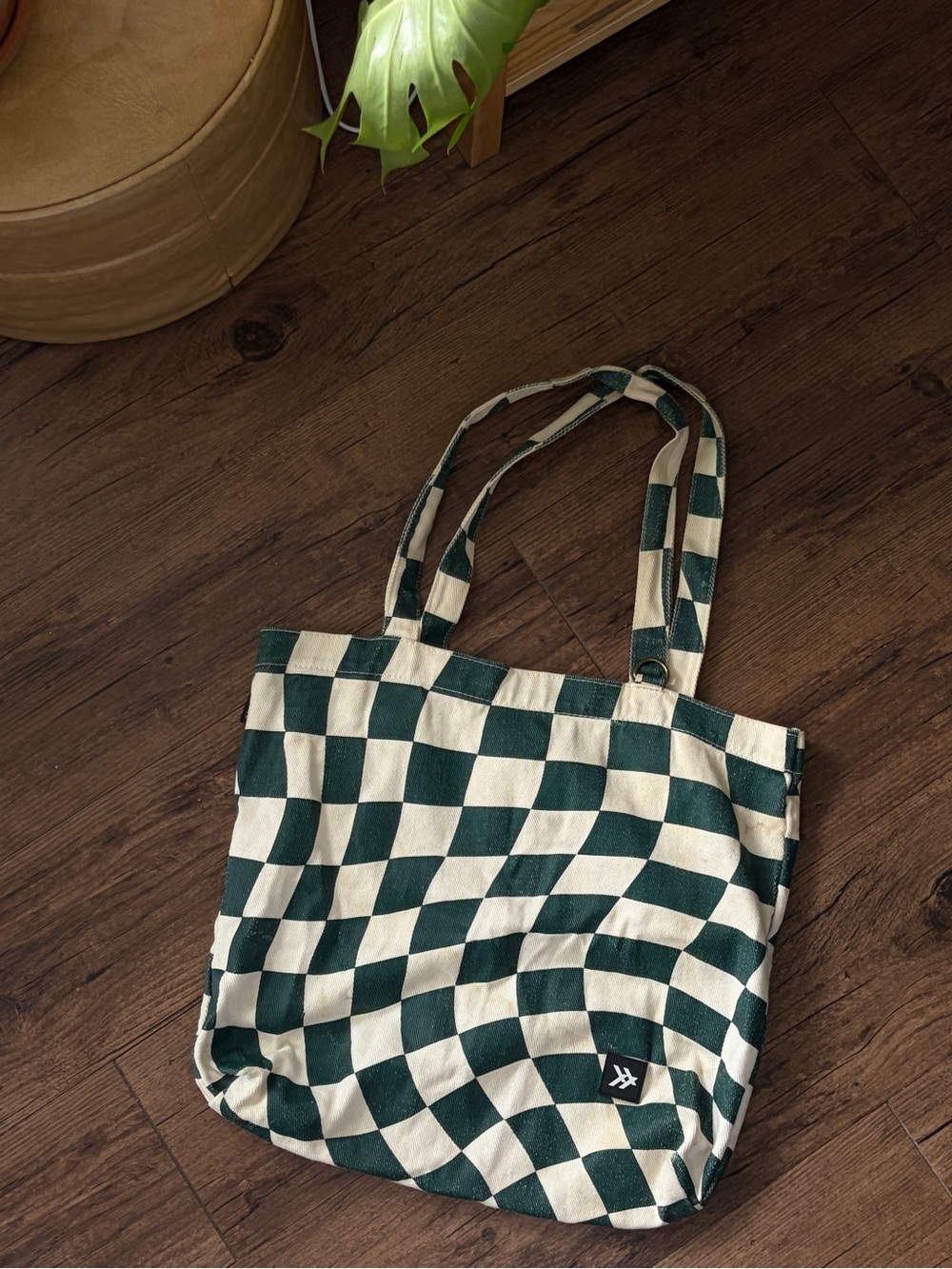 Green and Cream Checkered Canvas Tote Bag with Double Straps